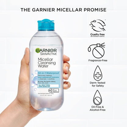 Micellar Water for Waterproof Makeup, Hydrating Facial Cleanser & Makeup Remover, Suitable for Sensitive Skin, Vegan, Cruelty Free, 13.5 Fl Oz (400Ml), 2 Count