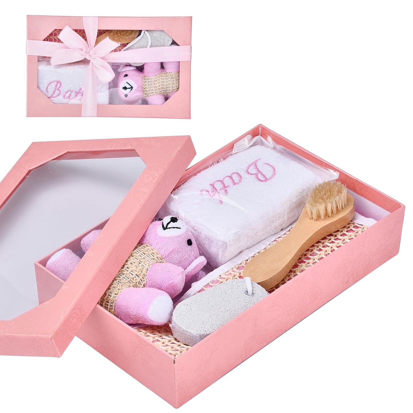 Bath Gift Box - 5-Piece - Toiletries Gift Baskets for Self-Care - 9.8X4 Inch - Shower Body Wash Kit - Complete Hygiene Care Package with Brush, Pumice Stone, and 2 Sponges (Bear) - Pink